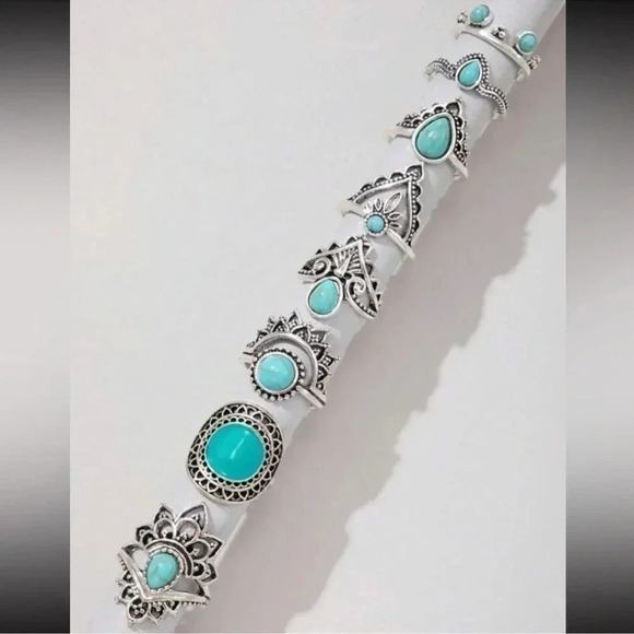 1 LEFT! 8 piece Silver & Turquoise Bohemian Ring Set - Picture 4 of 5